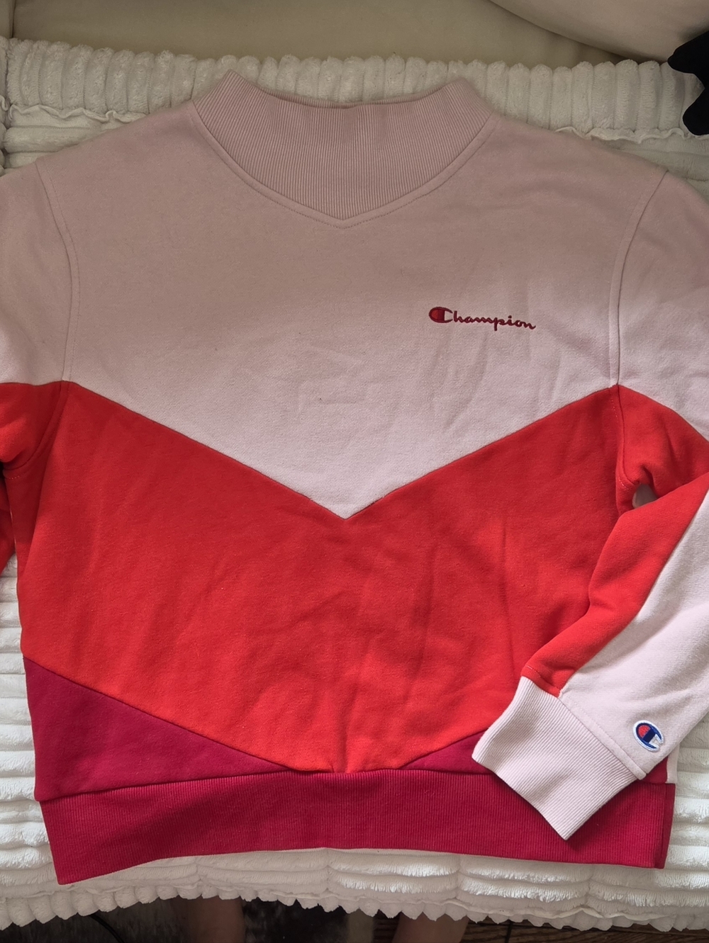 Champion Colorblock Mock Neck Sweatshirt Pink Red Cropped Size M (Fits S)